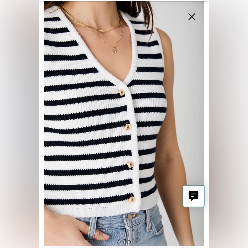 French Connection Striped V-Neck Sweater Vest with Gold Accents